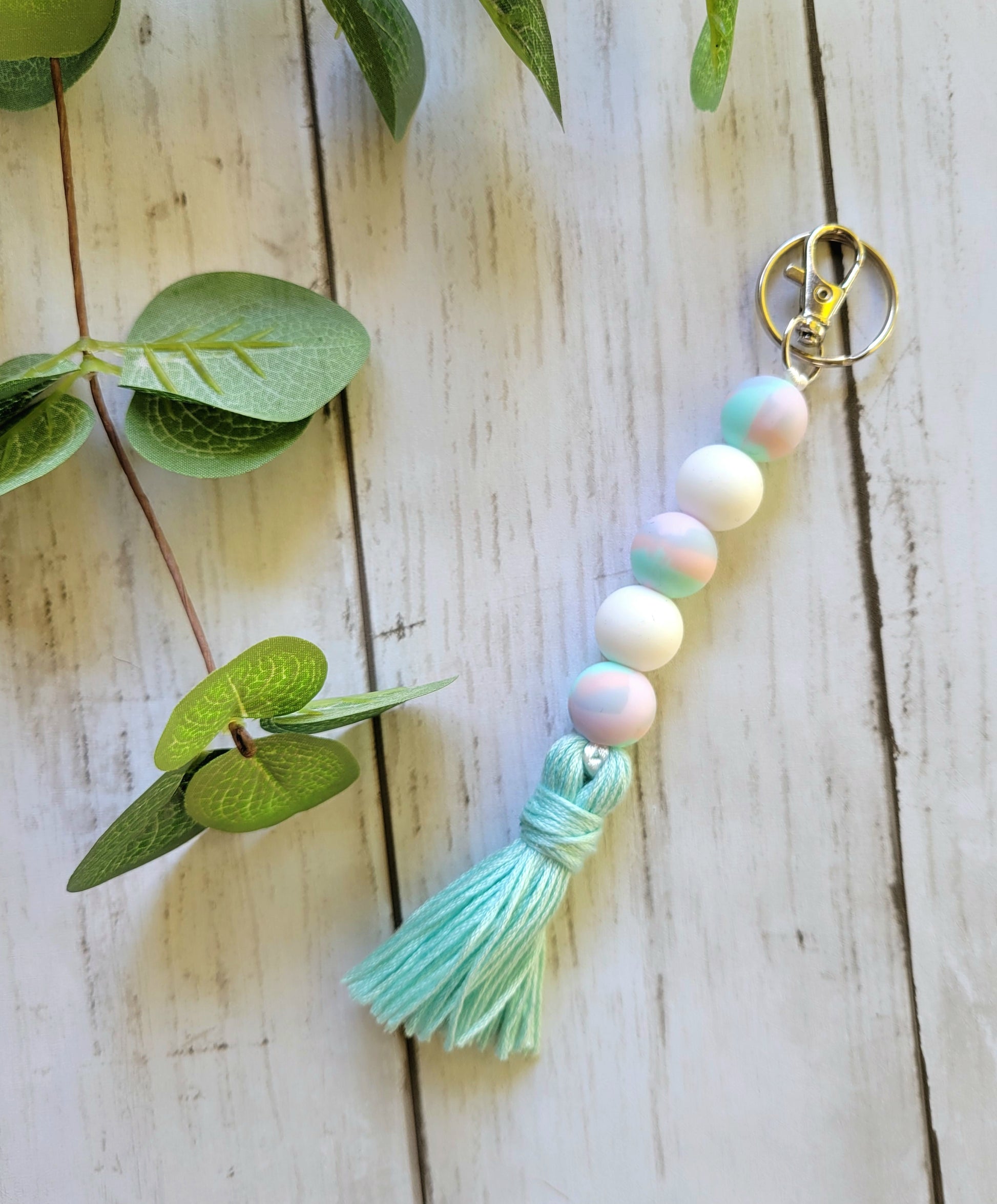 Cotton Candy Swirl and White Sherbet Silicone Bead Keychain